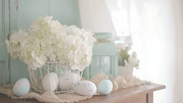 A charming Easter centerpiece showcases soft white flowers arranged in a vintage basket alongside pastel colored Easter eggs.