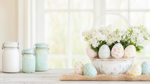 A delightful shabby chic kitchen showcases a stunning Easter centerpiece, complete with vintage decorations and a basket of pastel colored Easter eggs. Fresh flowers add a spring touch.