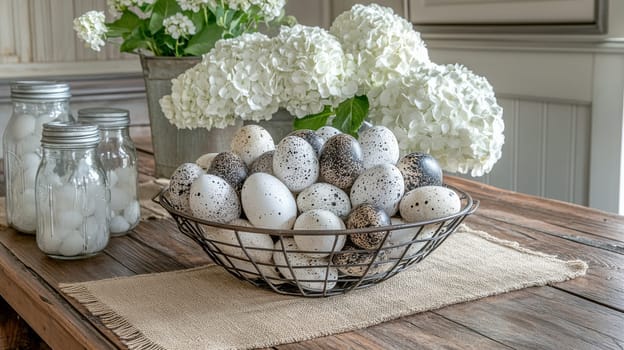 A charming Easter centerpiece showcases a collection of vintage decorations.