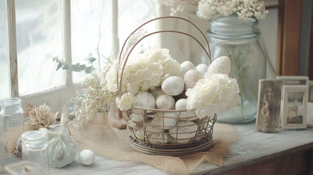 A beautifully arranged vintage Easter centerpiece displays a basket filled with elegant Easter eggs and flowers, set against a soft, sunlit windowsill.