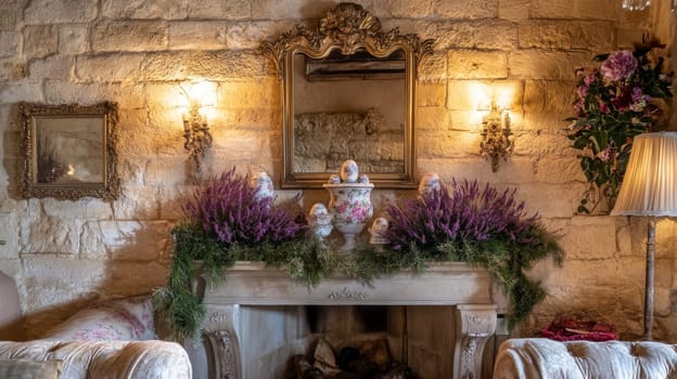 Easter centerpiece showcases vintage decorations and colorful Easter eggs on a decorated mantel, enhancing the cozy charm of the spring inspired interior.