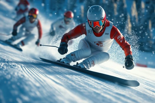 Ski racers navigate a challenging course on a bright, snowy day, showcasing their speed and skill.