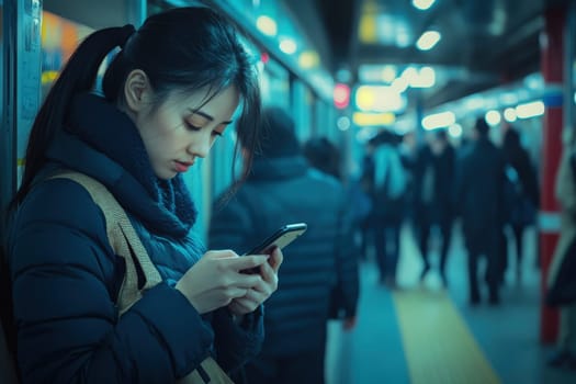 A young woman is focused on her smartphone while waiting in a crowded urban train station. People are seen walking in the background, with soft blue lighting creating a calm atmosphere.