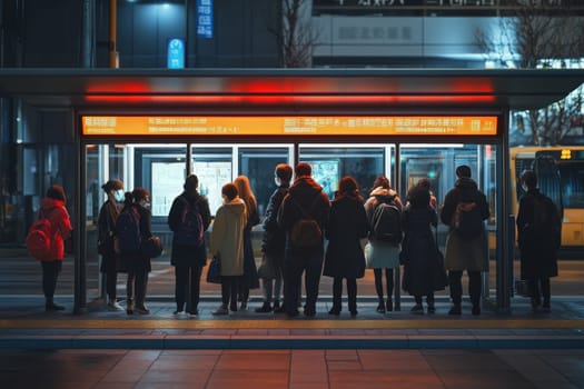 A group of individuals stands in line at a bus stop under bright orange lights in a bustling city at night. Many are wearing masks and engaged in their phones.