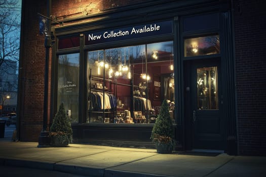 A boutique showcases its new collection with elegant clothing and accessories in a warmly lit storefront. The inviting atmosphere is enhanced by decorative lighting and cozy outdoor plants at dusk.