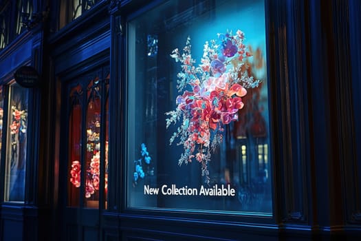 A vibrant display highlights a stunning assortment of colorful flowers, featuring orchids and greenery. The evening ambiance enhances the beauty of the storefronts design.