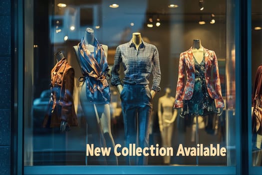 Mannequins showcase fashionable attire in a boutique window, highlighting a new clothing collection. The display is illuminated, creating an inviting atmosphere for shoppers outside.