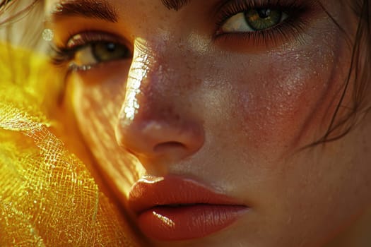 A woman with captivating green eyes and full lips is softly illuminated by natural light.
