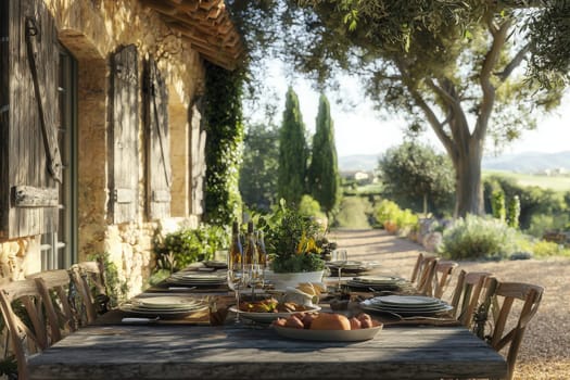 An inviting outdoor dining scene features a beautifully set table with plates and glasses under a tree. The charming rustic house enhances the serene countryside view, perfect for gatherings.
