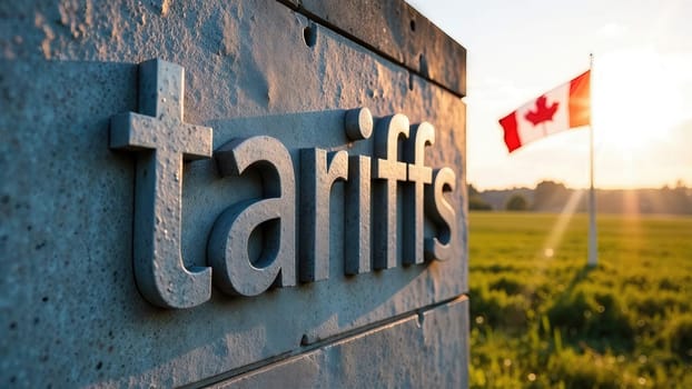 White cement word Tariffs standing on the green grass with the Canadian flag waving in the background..