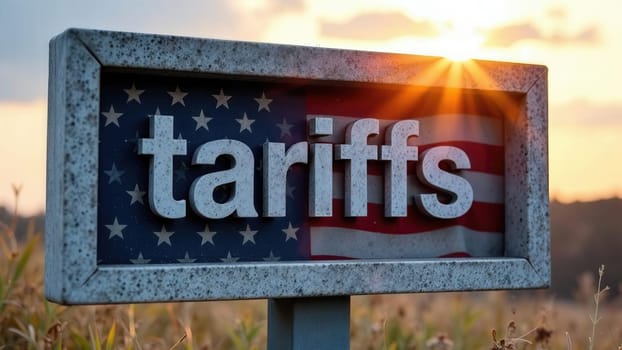 A wooden sign painted white with red and blue lettering shows the word tariffs against an American flag background during sunset, with a camera stand on the left side of the sign.