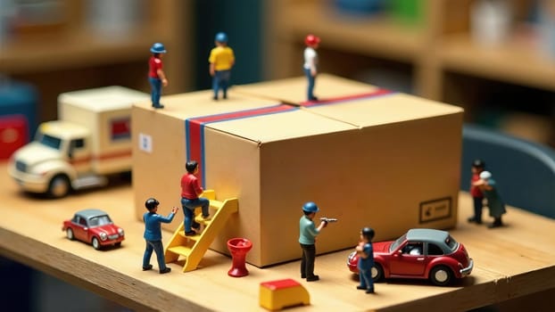 Tiny workers Collaborating to Efficiently Pack and Ship a Large Box Using Various Tools.