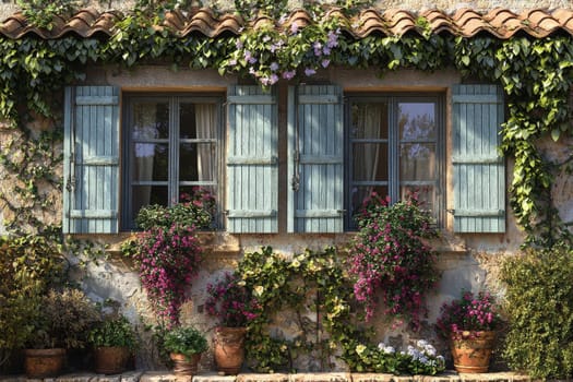 This peaceful garden features a rustic stone house adorned with blue shutters. Vibrant flowers spill from pots, adding color and life to the serene atmosphere, surrounded by lush greenery.
