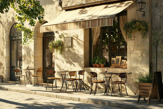 Quaint outdoor seating at a cafe features metal tables and rattan chairs in front of a rustic stone facade. Planters filled with greenery add charm to the inviting atmosphere.