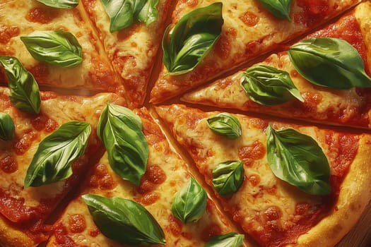 Delicious pizza is cut into slices, showcasing golden melted cheese and vibrant green basil leaves. The crust is perfectly baked, making it a tempting dish perfect for any gathering.