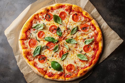 A freshly baked pepperoni pizza is displayed on brown parchment paper. It features a golden crust, melted mozzarella cheese, and vibrant basil leaves.