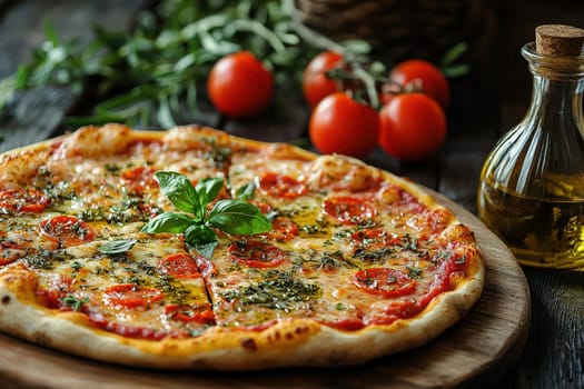 A freshly baked pizza sits on a wooden board, topped with cherry tomatoes and fresh basil. Olive oil and ripe tomatoes in the background enhance the rustic culinary setting.