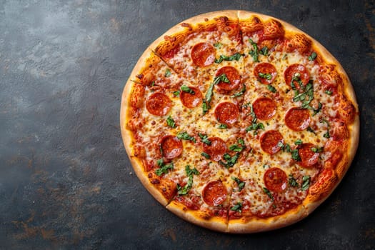 A round pepperoni pizza topped with melted cheese and fresh basil sits on a dark textured surface. The pizza features a golden crust and a rich tomato sauce, inviting a flavorful experience.