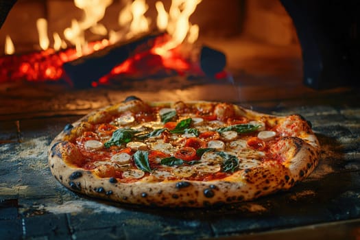 A delicious pizza sits freshly baked in a wood-fired oven, showcasing golden crust and vibrant toppings of basil and cherry tomatoes.