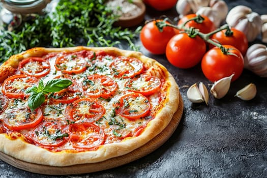 A circular homemade pizza sits on a wooden board, featuring layers of sliced tomatoes, cheese, and vibrant basil. Fresh tomatoes and garlic are placed nearby, enhancing the preparation vibe.