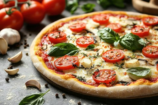 Freshly baked pizza is topped with vibrant tomato slices, creamy mozzarella, and aromatic basil leaves. The dish is artfully arranged with garlic and tomatoes nearby, showcasing colorful ingredients.