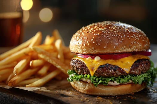A well-crafted cheeseburger sits on a plate next to crispy golden fries.