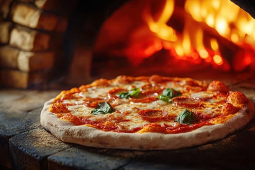 A delicious pepperoni pizza is emerging from a rustic wood-fired oven, showcasing melted cheese and fresh basil. The warm glow of the flames highlights the appetizing crust and toppings.