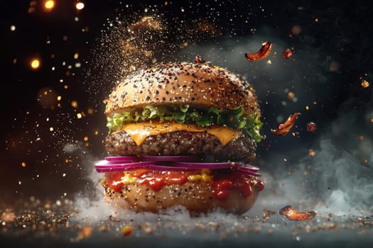 A mouthwatering cheeseburger sits majestically, showcasing a beef patty, melted cheese, fresh lettuce, and onions.