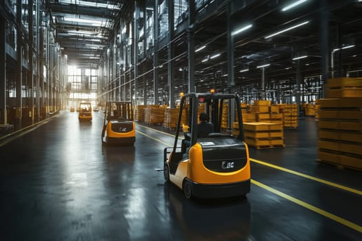 Forklifts transport goods smoothly in a spacious warehouse filled with neatly stacked pallets. The modern facility showcases efficient logistics operations during evening hours.