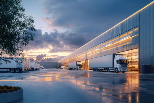 Trucks are parked and preparing for departure at a logistics hub. The sky glows with colors of sunset, creating a tranquil atmosphere around the modern warehouse structures.