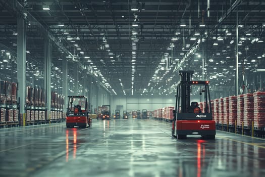 Forklifts navigate an expansive warehouse, transporting pallets of products. Bright overhead lights illuminate the organized space, showcasing a busy and efficient logistics environment.