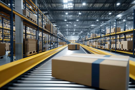 A conveyor belt is transporting brown cardboard boxes within a large, well-lit warehouse. High shelves lined with more boxes create an organized and efficient logistics environment.