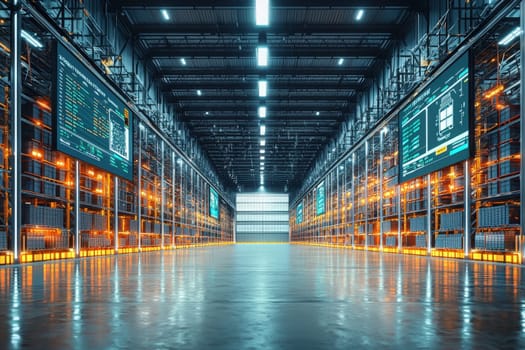 A modern warehouse features bright lighting, sleek shelves stacked with goods, and large digital screens displaying information. The environment showcases advanced technology and efficiency.