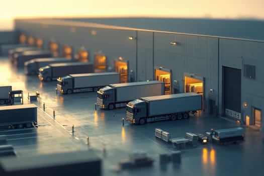 Trucks are lined up at a loading dock, illuminated by warm lights during sunset. The scene captures workers organizing cargo in a bustling warehouse environment.