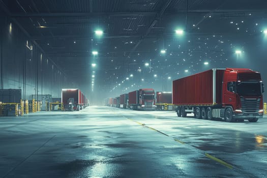 Large red trucks are parked in a spacious warehouse illuminated by bright lights. The environment is clean and organized, creating a modern storage atmosphere during nighttime.