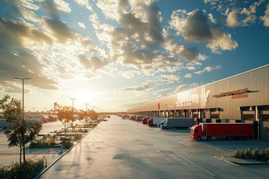 Numerous trucks are parked neatly at loading docks, ready for freight transport under a vibrant sunset. The sky showcases dynamic clouds as the day transitions to evening.