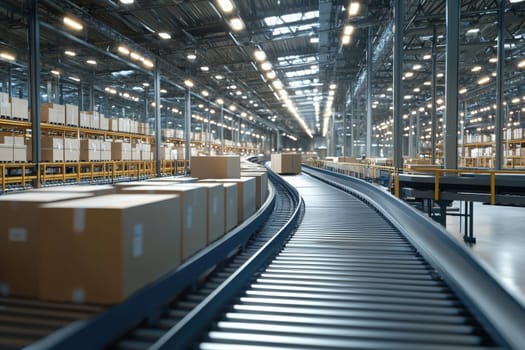 Packages move along a curved conveyor belt in a spacious warehouse filled with bright overhead lights. High shelves are stocked with goods, emphasizing an efficient logistics environment.