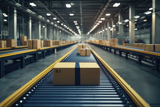 A busy warehouse features a conveyor system moving numerous packages along a long track. The interior is well-lit, showcasing the efficient flow of goods ready for delivery.