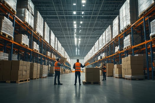 Three workers in safety vests are coordinating the movement of cardboard boxes in a spacious warehouse. Tall shelves filled with stacked goods create a structured environment for logistics.