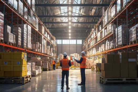 Two workers in safety gear review stock in a spacious warehouse. Bright lights illuminate rows of shelves filled with boxes and pallets, showcasing an organized storage environment.