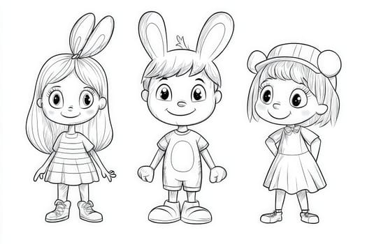 Three cartoon characters stand together, each wearing unique outfits and accessories. The boy in the center has bunny ears and a cheerful expression.