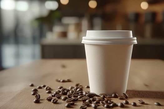 A white disposable coffee cup sits on a wooden table surrounded by scattered roasted coffee beans. The warm, inviting atmosphere enhances the coffee experience in this cafe.