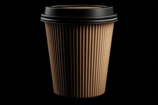 A paper coffee cup sits against a black background, showcasing its corrugated texture and simple design. The cup appears ready for a hot beverage, emphasizing its eco-friendly appeal.