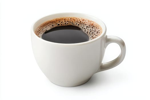 The black coffee in a white cup displays a rich, dark surface with a frothy layer. This inviting beverage is ideal for starting the day or enjoying a mid-afternoon break.
