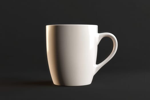 A simple white ceramic mug stands elegantly against a dark background. The mug has a smooth surface and a comfortable handle, showcasing its minimalist design.