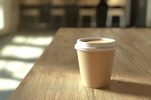 A disposable coffee cup sits on a smooth wooden table in a well-lit cafe. Natural light streams in, highlighting the cups simple design and the warm atmosphere around it.