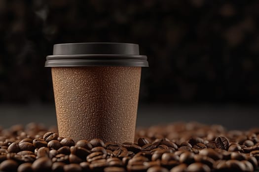 A textured coffee cup sits at the center of a spread of roasted coffee beans. The warm tones create an inviting atmosphere, suggesting a moment of enjoyment and relaxation.