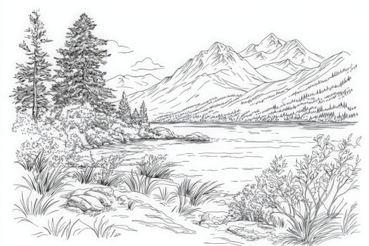 This beautiful landscape features a serene lake reflecting majestic mountains and lush trees. The scene captures natures tranquility, perfect for relaxation and inspiration.