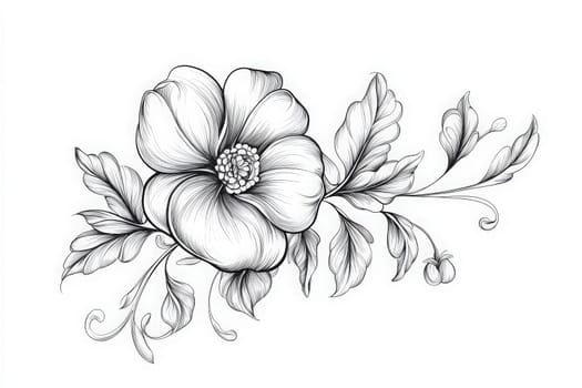 Intricate black and white illustration showcases a prominent floral design with a large flower and elegant leaves. Ideal for nature-inspired artwork, prints, and decor.