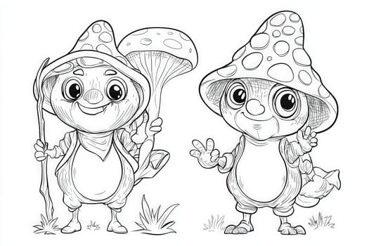 Two whimsical mushroom characters stand in a grassy area, each with distinct features. One holds a mushroom and a staff, while the other gives a peace sign, showcasing their playful nature.